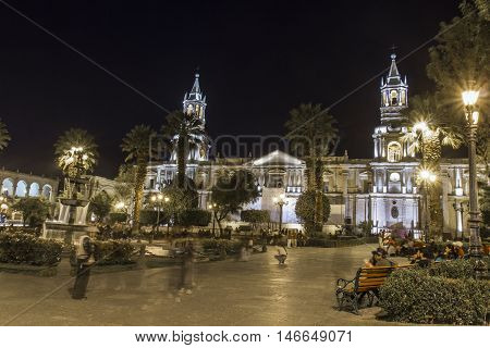 Arequipa, Peru - May 06, 2016: Colonial Houses On Plaza De Armas Square In Arequipa, Peru