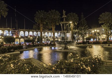 Arequipa, Peru - May 06, 2016: Colonial Houses On Plaza De Armas Square In Arequipa, Peru
