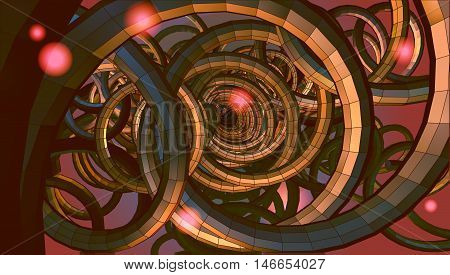 Abstract spiral wire background with technology or sci fi conceptual on red and yellow light mood
