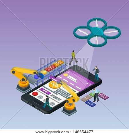 Mobile App Development, Experienced Team. Flat 3d isometric black phone. Management and Project Management. Manipulator robot robotized. Work on the online store.