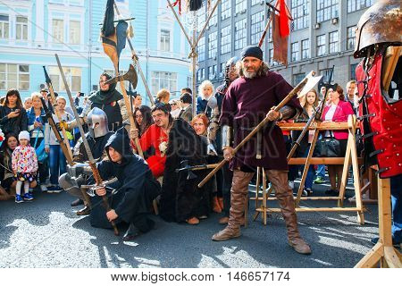 MOSCOW RUSSIA - SEPTEMBER 10 2016: Moscow City Day 869 anniversary of the city. Performance on Tverskaya Street. Installation dedicated to the 