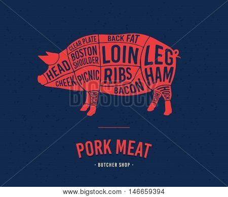 Meat cuts. Diagrams for butcher shop. Scheme of pork. Animal silhouette pork. Vector illustration.