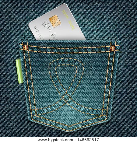 Denim Pocket With Credit Card On A Gray Background.