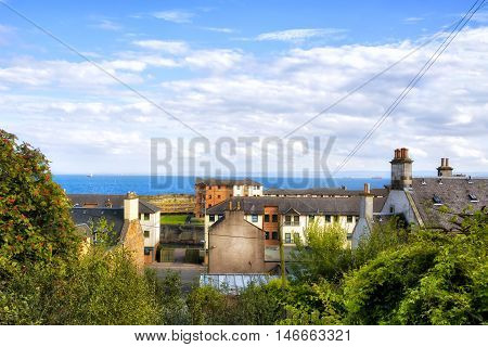 View over the roofs and the sea in the Scottish town of Kirkcaldy