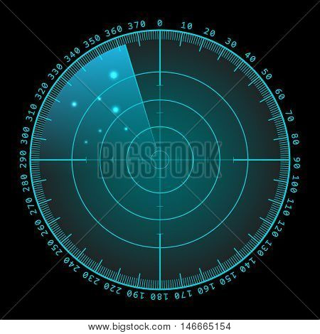 Military green radar. Screen with target. Futuristic HUD interface. Stock vector .