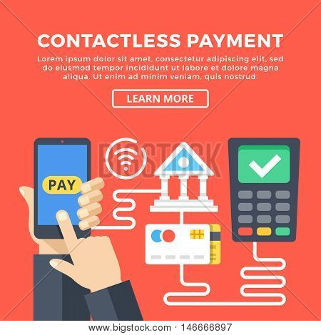 Contactless payment, pay with your smartphone. Modern concepts, flat icons and graphic elements for web banners, web design, infographics, printed materials. Flat design vector illustration