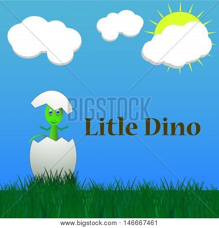 The birth of a small dinosaur in the middle of green grass and blue sky
