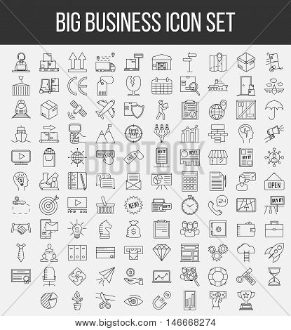 Business icons. Start up and management signs. Safe, wallet, archive, career ladder, key to success, money magnet and other things. Line art vector illustration.