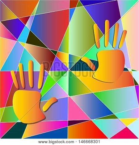 two hands on a background of colored triangles in the style of Picasso