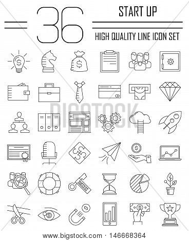 Business icons. Start up and management signs. Safe, wallet, archive, career ladder, key to success, money magnet and other things. Line art vector illustration.