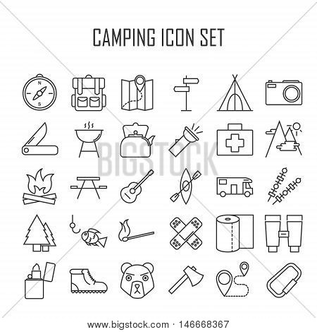 Camping icons. Outdoor equipment. Swiss knife, axe, hiking boots, map, compass and other things for camping. Line art vector illustration.