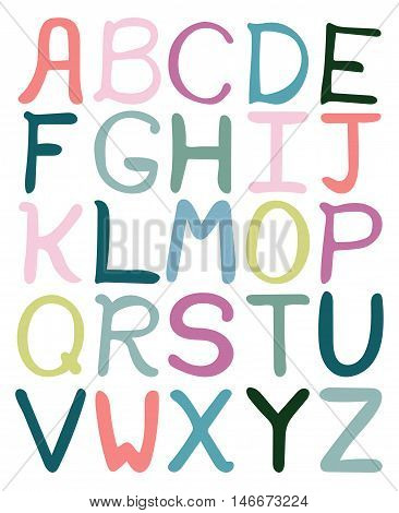 Colorful hand drawn abstract alphabet. Alphabet isolated, flat style, font isolated, type. Children ABC for decoration of kids illustration websites posters comics and banners. Vector illustration.