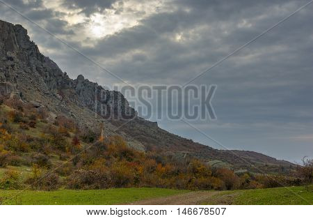 Cloudy autumnal morning on mountain pasture Demerdzhi Crimea Ukraine.