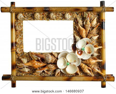 Photoframework frame from sea cockleshells and pearls.