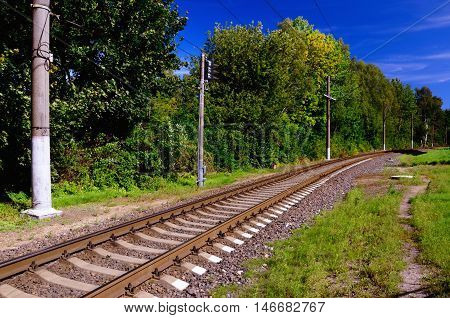Railway Line Going into the Distance among Green Summer Grass and Foliage; Clear Blue Sky in the Background