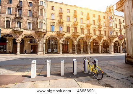Central street with beautiful buildings in Turin city in Piedmont region in Italy