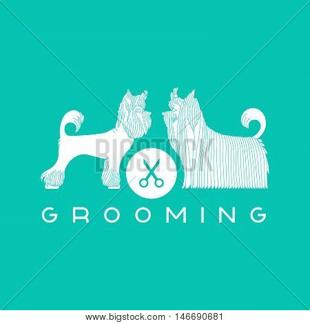Vector dog beauty grooming illustration with Yorkshire Terriers. Vector dogt grooming logo. Dog groomer logo.