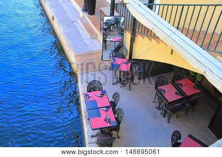 Port Grimaud, Provence, France - August 23 2016: Overhead View Of The Rialto Pizza Restaurant In Thi
