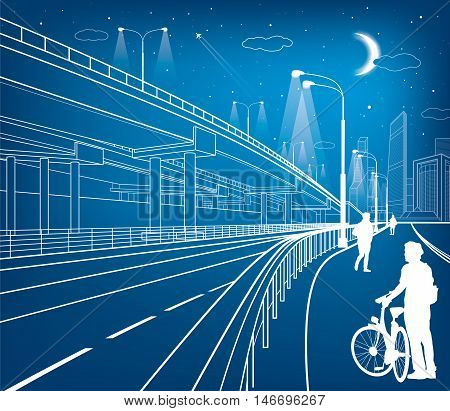 Automotive flyover, architectural and infrastructure composition, transport overpass, highway, white lines urban scene, people walking, night city on background, vector design art