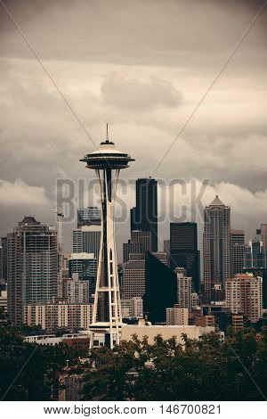 SEATTLE, WA - AUG 14: Space Needle and city downtown on August 14, 2015 in Seattle. Seattle is the largest city in both the State of Washington and the Pacific Northwest region of North America