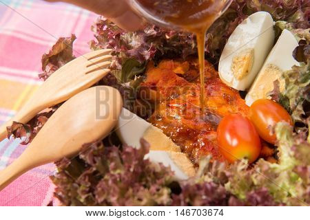 Chicken grilled salad oragnic vegetable with sasame sauce