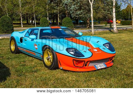 Mogliano VenetoItaly Sept 112016:Photo of Ford GT40 Gulf at meeting Top Selection 2016. Is a high performance American-British endurance racing car designed and built in England and in the United States and powered by a series of American-built engines.