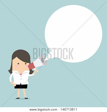 Businesswoman holding megaphone with speech bubble for text