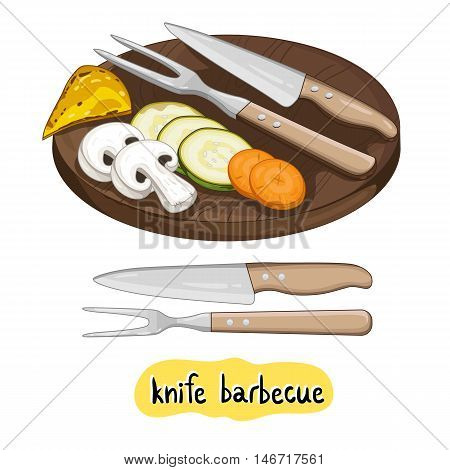 Barbecue knife. Vegetables ready for cooking in a barbecue isolated on white background vector illustration. Grilled vegetable icon. BBQ vegetable. Barbecue food concet. BBQ knife.