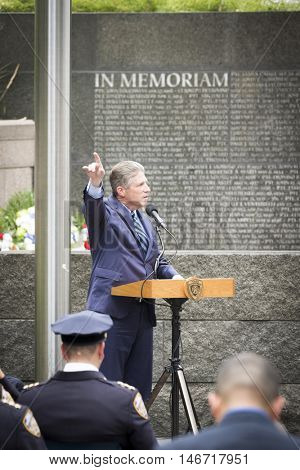 NEW YORK - SEPT 9 2016: New York PBA President Pat Lynch speaks at the NYPD Emerald Society Pipe and Drums 9/11 Memorial Commemoration Service marking the 15th anniversary of the terror attacks.