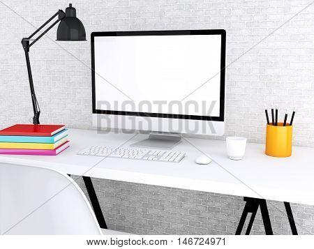 3D illustration. Modern workspace with blank screen computer. Mock up.