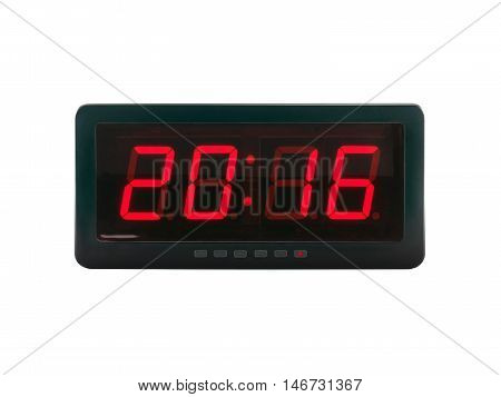 close up red led light illumination numbers 2016 on black digital electric alarm clock face isolated on white background, time symbol concept for celebrating the New Year