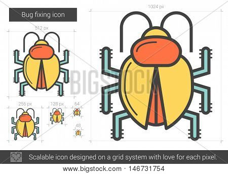 Bug fixing vector line icon isolated on white background. Bug fixing line icon for infographic, website or app. Scalable icon designed on a grid system.