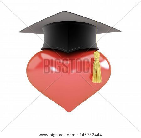 Heart sign graduation hat  3d on white background. 3d Illustrations