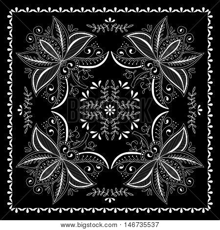 Black And White Abstract Bandana Print With  Element Henna Style. Square Pattern Design For Pillow,