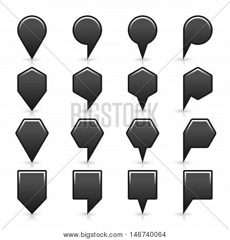 16 map pins sign location icon with gray reflection and shadow in flat style. Set 01 simple black matted shapes on white background. Vector illustration web design element save in 8 eps
