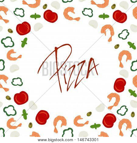 Cute funny background border frame with various pizza ingredients isolated on the white fond. With space for invitations or different events greeting cards text. Vector illustration eps 10