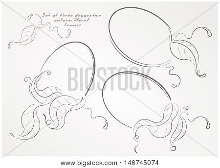 Set of three decorative oviform floral frames with leaves.