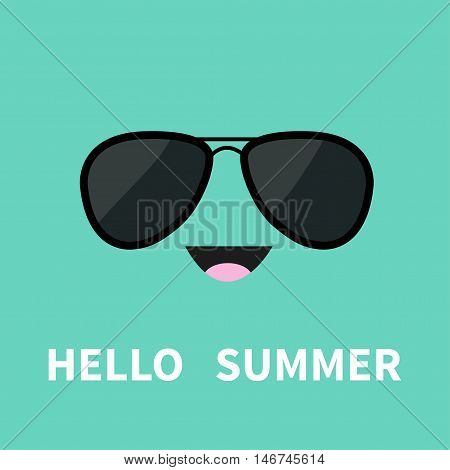 Face with black pilot sunglassess. Happy emotion. Cute cartoon funny smiling character. Hello summer. Green background. Isolated. Flat design Vector illustration