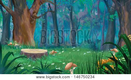 Mushrooms around the stump in a forest glade. Digital Painting Background Illustration in cartoon style character.