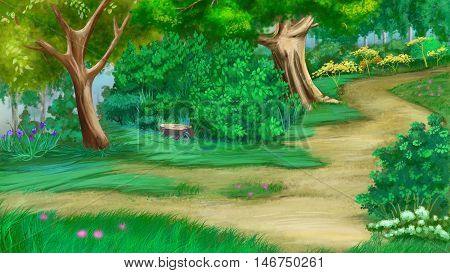 Trees Flowers and Old Stump Near a Footpath in a Green Summer Forest. Digital Painting Background Illustration in cartoon style character.