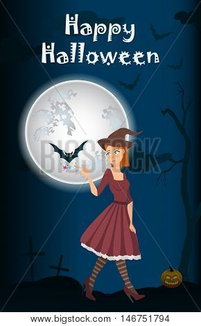 Halloween background of Witch on the full moon. Vector. young happy and attractive witches vector Halloween collection