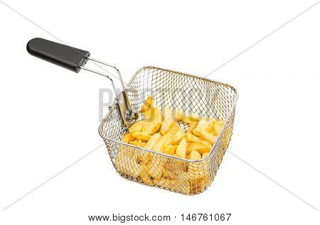 fried potatoes and frying pan basket on a white background