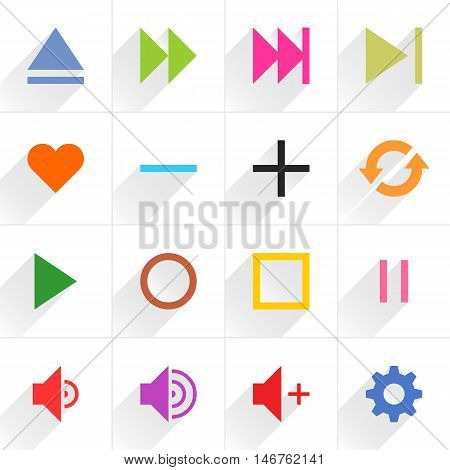 16 media control sign flat icon with gray long shadow. Blue green pink orange brown yellow violet purple red cobalt magenta signs on white background Vector illustration element 8 eps