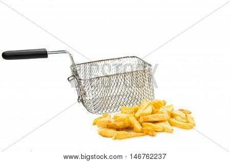 fried potatoes and frying pan basket on a white background