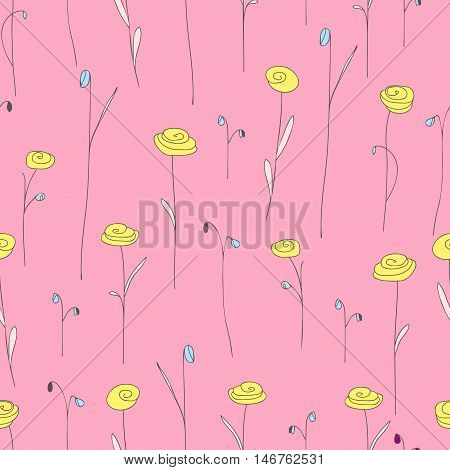 Seamless pattern with yellow flowers. Pink background with stylized doodle roses. 