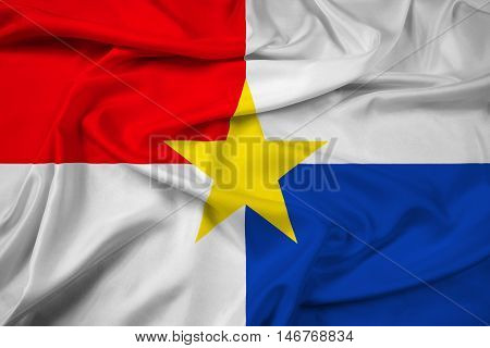 Waving Flag of Monteria Colombia, with beautiful satin background. 3D illustration