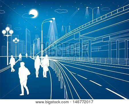 Automotive flyover, architectural and infrastructure illustration, transport overpass, highway, white lines, urban scene, people walking, airplane fly, night city on background, vector design art