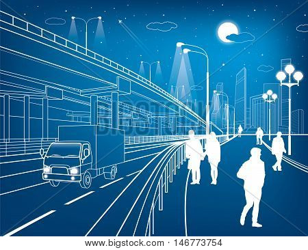 Automotive flyover, truck travels, architectural, infrastructure and transportation illustration, transport overpass, people walking, highway, white lines, urban scene, night city, vector design art