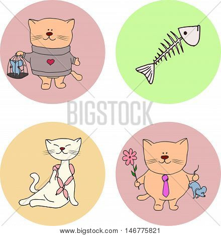 vector illustration of a cat with gifts for cat flower mouse in a cage fish bone necklace of sausages surprise for the favorite