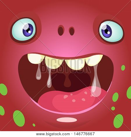 Cartoon monster face. Vector Halloween red monster avatar with wide smile
